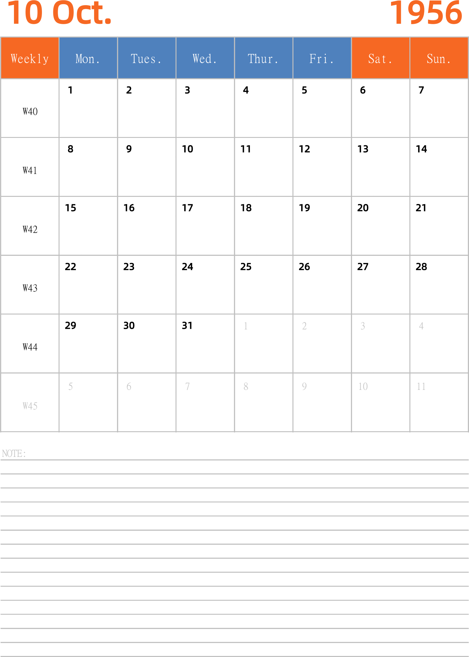 日历表1956年日历英文版纵向排版周一开始带周数- 模板[DF012] - 日历精灵